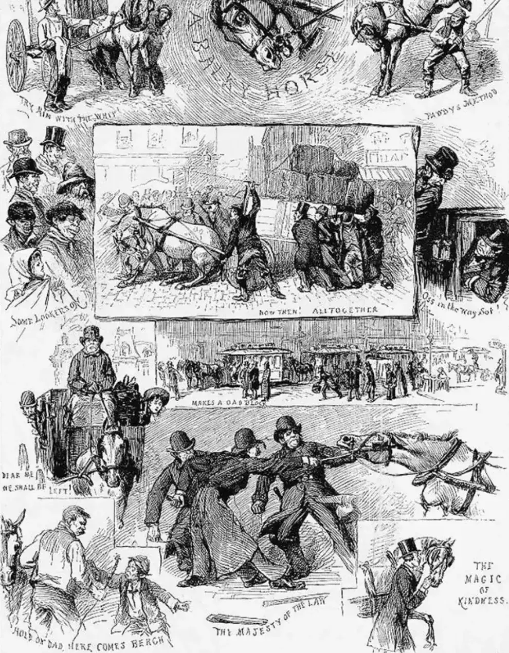 Viñeta bienestarista acerca del maltrato hacia los caballos (Thomas Worth, 1880) - ASPCA - Campñas animalistas del pasado y del presente - Campañas animalistas