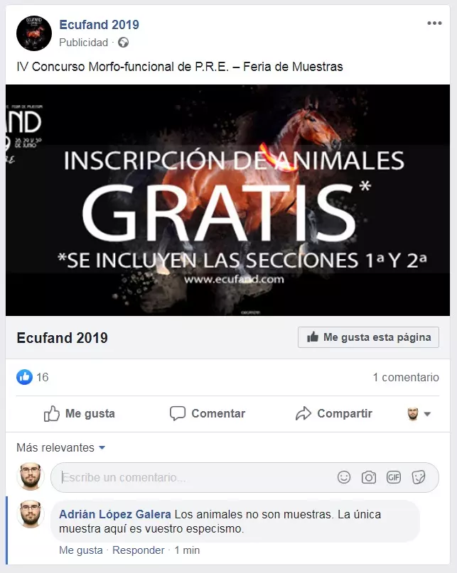 ¡Derechos Animales ya! - Publicidad de Ecufand 2019 en Facebook