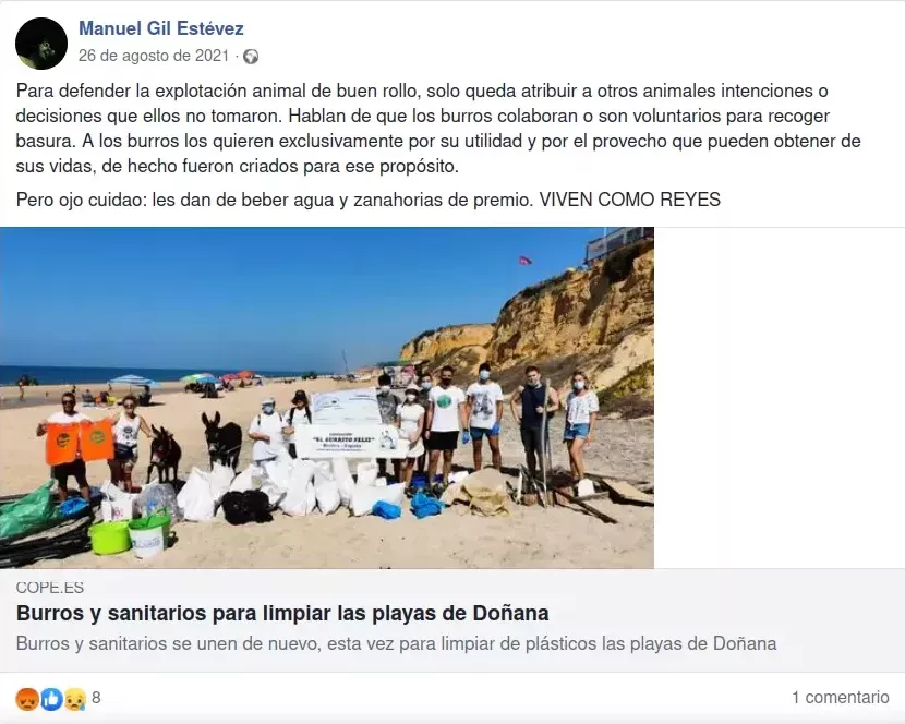 ¡Derechos Animales ya! - Captura de noticia de burros para limpiar la playas de Doñana