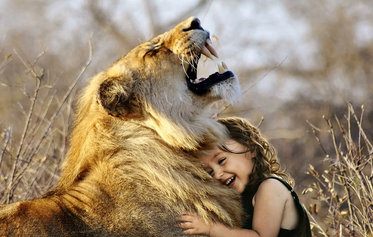 ¡Derechos Animales ya! - Niña abraza un león - Conflictos entre humanos y animales