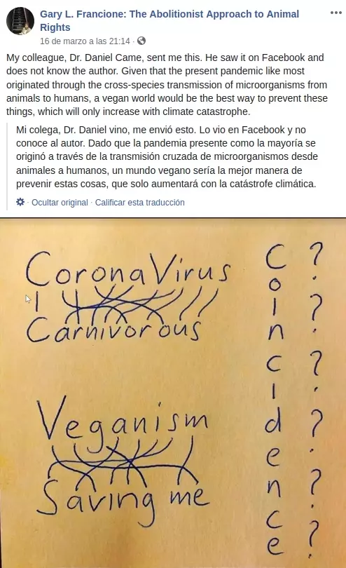 Derechos Animales ya - Gary Francione hace un juego de palabras entre Coronavirus y carnívoro - Psicosis colectiva por comer carne